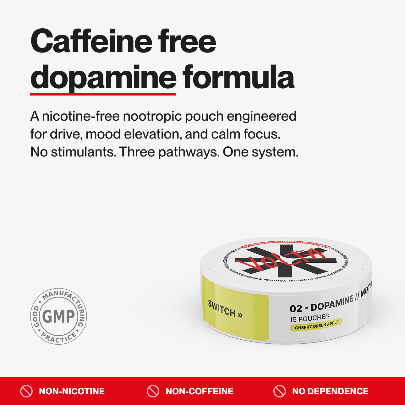 VOLTA 02 dopamine pouch open tin — 15 nicotine-free nootropic pouches PEA Kanna Alpha-GPC