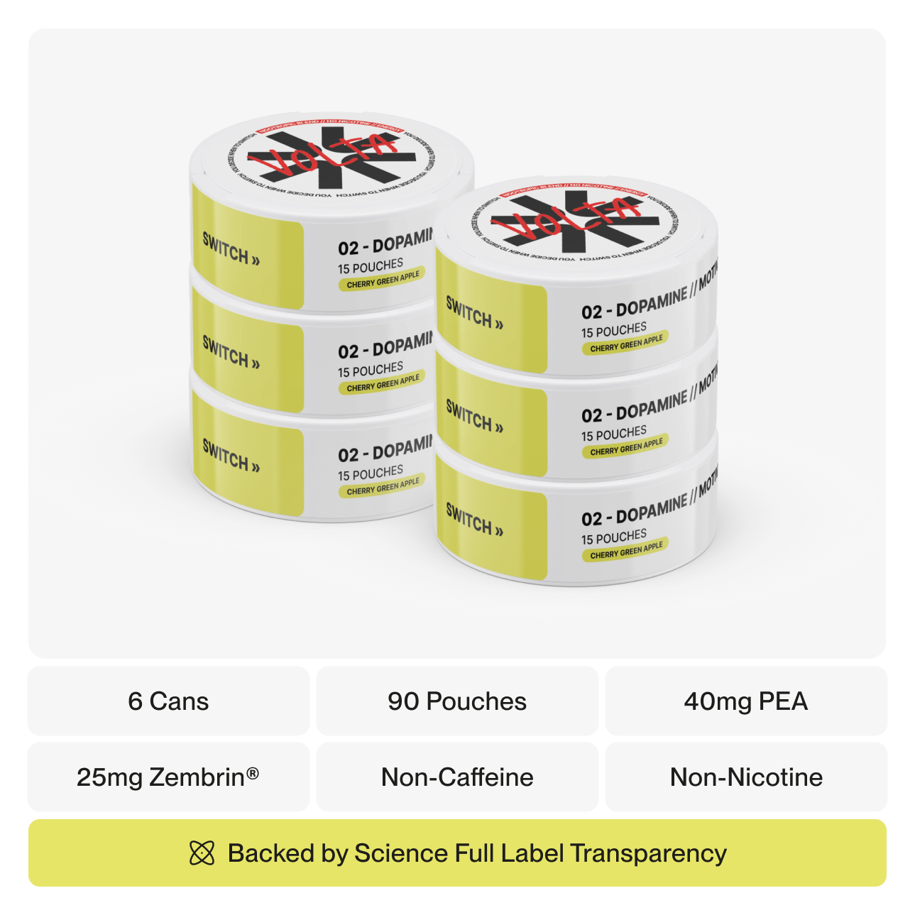 VOLTA 02 nicotine-free dopamine pouch Cherry Green Apple — caffeine-free nootropic supplement