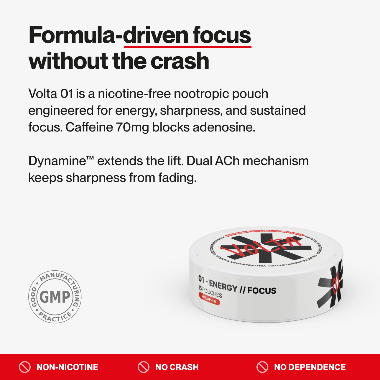 VOLTA 01 energy focus pouch open tin showing 15 nicotine-free nootropic pouches