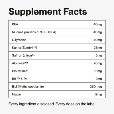 VOLTA 02 motivation pouch ingredient label — PEA 40mg Kanna 25mg Alpha-GPC 70mg full doses listed