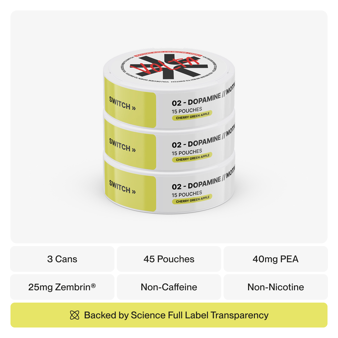VOLTA 02 Cherry Green Apple nootropic pouch tin front view — dopamine motivation supplement